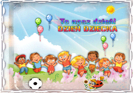 Radosne dzieci z balonami z napisem to nasz dzień ! Dzień Dziecka.
